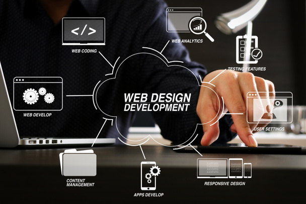 近代的なオフィスにデジタル タブレットとラップトップ コンピューターとドキュメントを使用して仮想の diagram.businessman のウェブサイトの設計とプログラミングとコーディング技術を開発 - 写真・画像