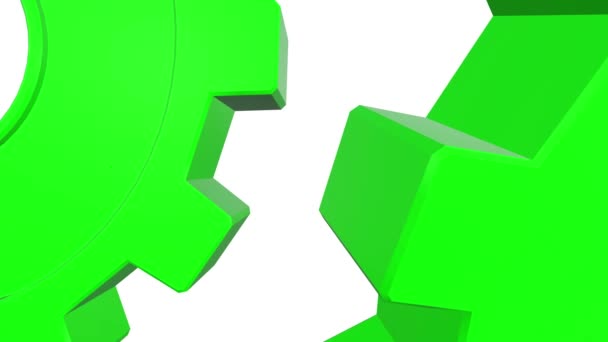 Animáció a forgó zöld 3D-s fogaskerekek. Fehér háttér. Alfa-csatornát. Közelről - Felvétel, videó