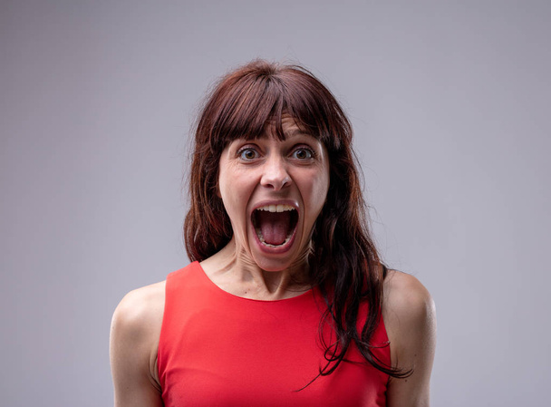 Podekscytowany, żywiołowy kobieta krzyczy stojący na aparat jej szeroko otwarte usta na szarym tle - Zdjęcie, obraz