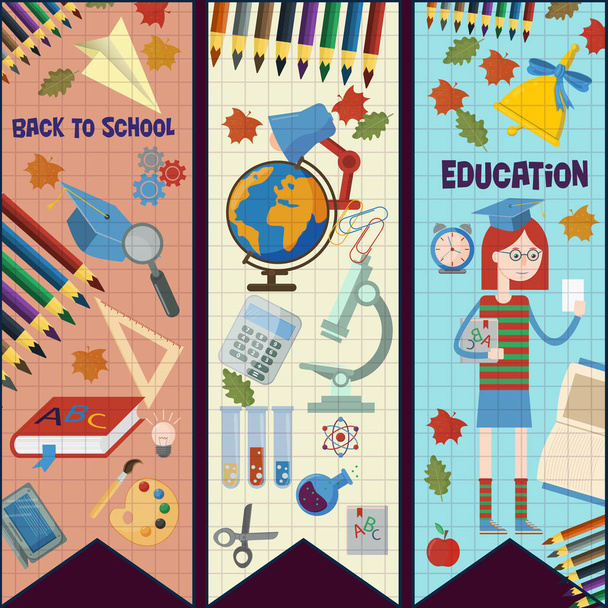 ploché illustration_4_of předměty a dívky na školní předmět, edu - Vektor, obrázek