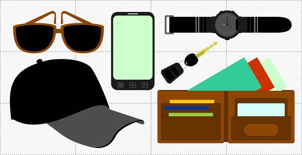 traveling stuff important equipment in vector drawing and cartoon illustration - Vector, Image