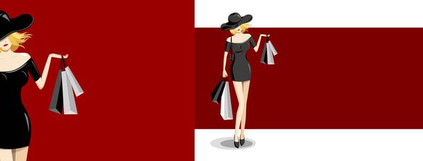Модная женщина держит сумку для покупок на красном фоне векторной иллюстрации
 - Вектор,изображение
