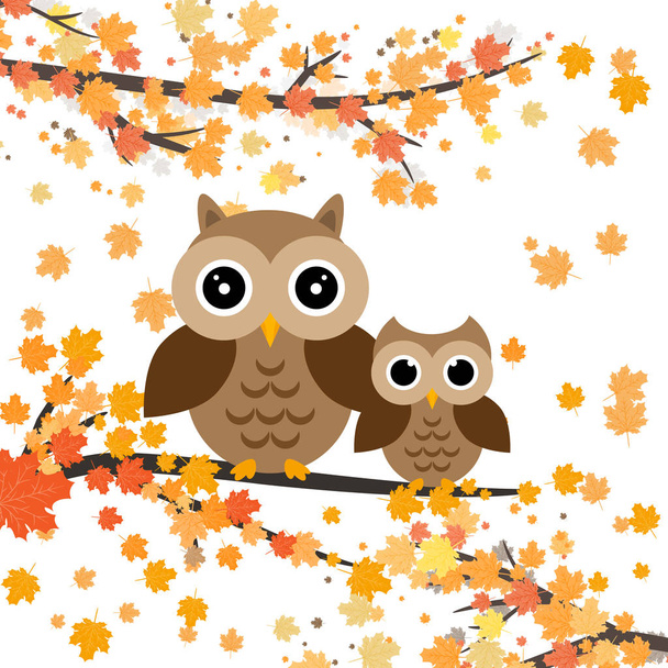Búhos sentados en una rama con hojas.Ilustración vectorial de otoño. Hojas anaranjadas. Lindo personaje búho
.  - Vector, Imagen