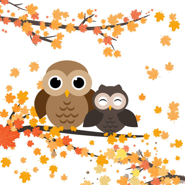 Owls sitting on a branch with leaves.Autumn vector illustration. Falling orange leaves. Cute owl character.  - Вектор,изображение