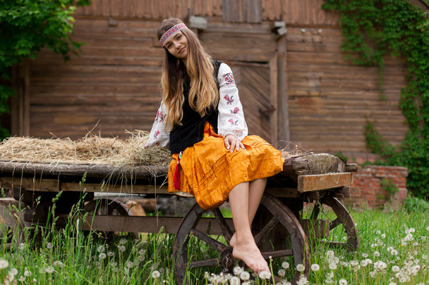 Beautiful slender Ukrainian woman in embroidery on the background of a wooden frame of a barn in the village sits on a wooden cart - Fotoğraf, Görsel