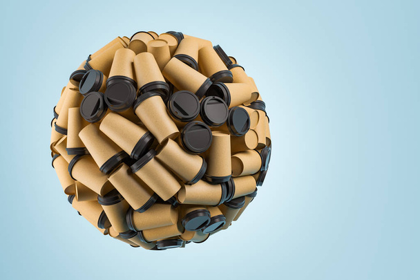 Brown coffee paper cups with black lids forming a sphere against a light blue background. Concept of addiction, office lifestyle and recycling. 3d rendering mock up - Фото, изображение