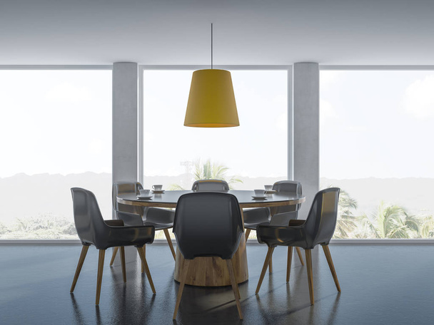 Cozy modern dining room interior with white walls, a black floor, a round table with black and wooden chairs and a panoramic window with a tropical view. 3d rendering - Foto, imagen
