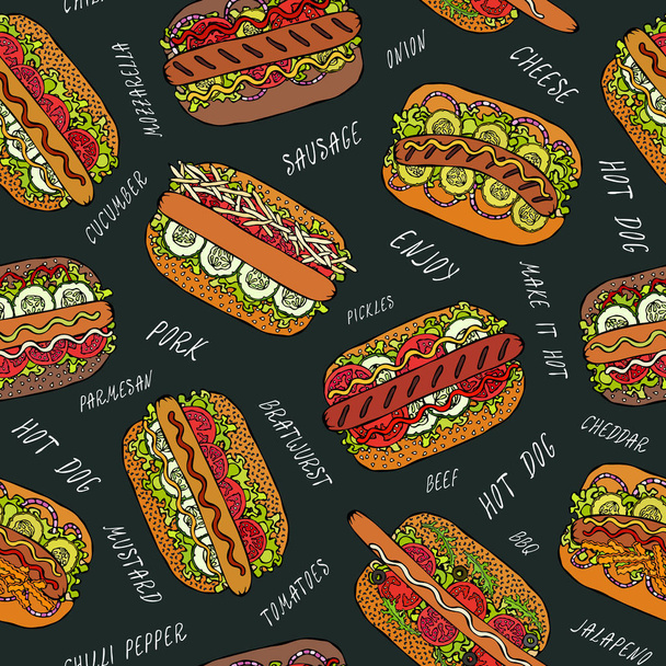 Black Board. Hot Dog and Lettering Seamless Endless Pattern. Many. Restaurant or Cafe Menu Background. Street Fast Food Collection. Realistic Hand Drawn High Quality Vector Illustration. Doodle Style - Vektor, obrázek
