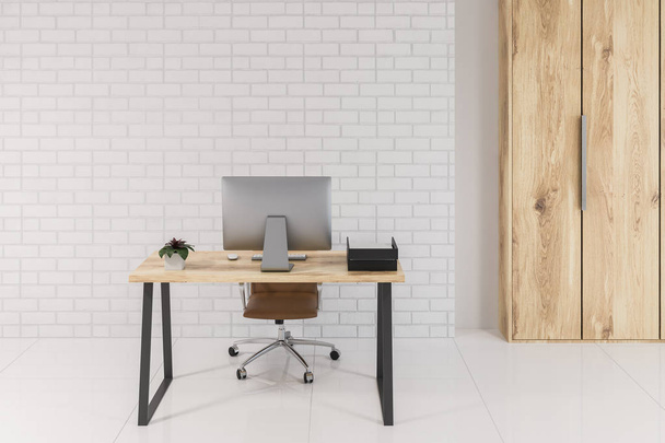Білий Цегла скандинавському стилі office на робочому місці з кахельну підлогу та комп'ютерної таблиць. Дерев'яні Книжкова шафа біля стіни. Вигляд спереду 3d-рендерінг макету - Фото, зображення