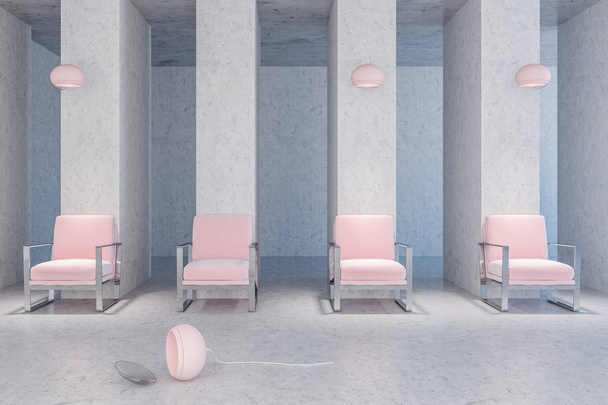 Wachtkamer van een futuristisch uitziende bedrijf met betonnen muren en vloer, en een rij van pastel roze stoelen met originele plafond lampen. Artistieke sfeer. 3D-rendering mock up - Foto, afbeelding