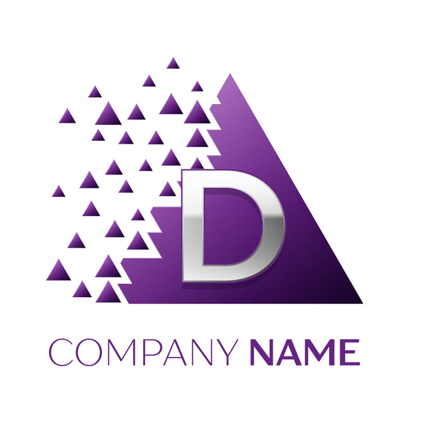 Ρεαλιστική σύμβολο λογότυπο ασημί γράμμα D σε σχήμα τριγώνου μωβ πολύχρωμα πίξελ με γκρεμίστηκε μπλοκ σε άσπρο φόντο. Διάνυσμα πρότυπο για το σχεδιασμό σας - Διάνυσμα, εικόνα