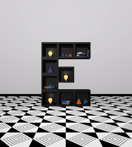 Living idea: Shelf made of cubes as letter E. with colorful light bulbs, books and decoration. 3d render - Photo, Image