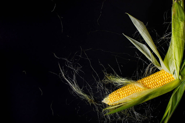 Fresh, raw corn cob on black background. Top view - Fotoğraf, Görsel