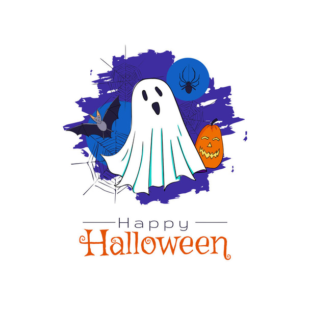 Halloween-Postkarte. Illustration mit Geist, Fledermaus, Kürbiskopf und Text Happy Halloween - Vektor, Bild