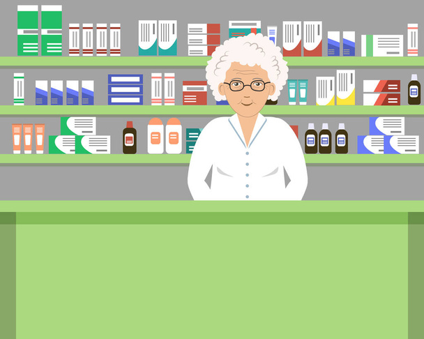 Bannière Web d'un pharmacien âgé. Vieille dame sur le lieu de travail dans une pharmacie : debout devant des étagères vertes avec des médicaments. L'icône des gens. Illustration vectorielle plate
 - Vecteur, image