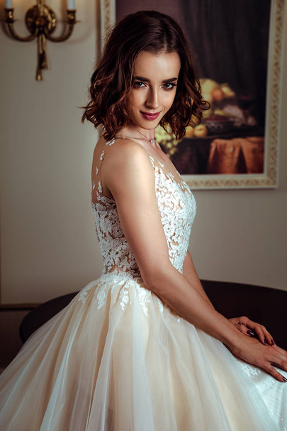 Sensual brunette bride in luxury wedding dress over classic interior, fashion beauty portrait - Photo, image