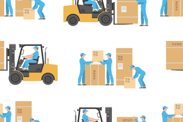 Seamless pattern with Forklift truck and Warehouses workers. flat style. isolated on white background - Vector, Image