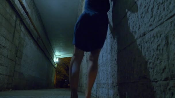 Una donna ubriaca cammina da sola di notte attraverso un tunnel pedonale. 4k
. - Filmati, video