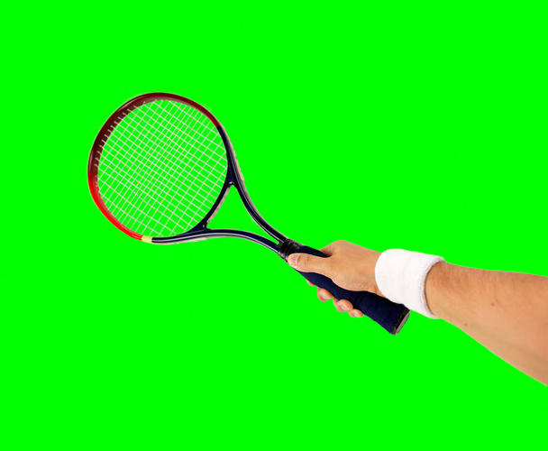 hand with a tennis racket hitting a ball isolated on white background - Fotografie, Obrázek