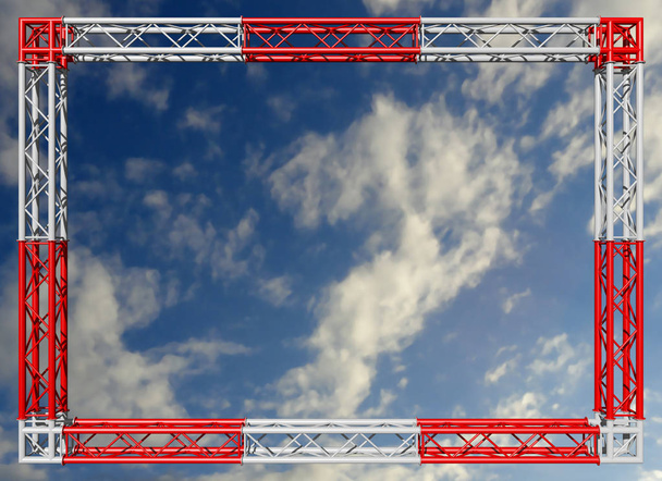 Декоративная рамка. Красно-белая пространственная конструкция в виде прямоугольника, собранная из трубчатых ферм с фланцами, соединенных болтами и гайками против неба. 3D рендеринг
. - Фото, изображение
