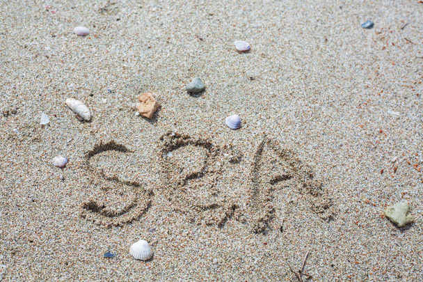 Meer - das Wort, das auf einen gelbfeuchten Sand gezeichnet wurde. - Foto, Bild