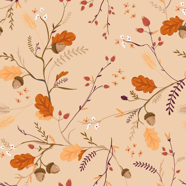 Jesień kwiatowy wzór z żołędzi, liści i kwiatów. Vintage Natura Upadek tło dla tekstylnych, Tapeta, Print, ozdoba, papier pakowy. Ilustracja wektorowa - Wektor, obraz