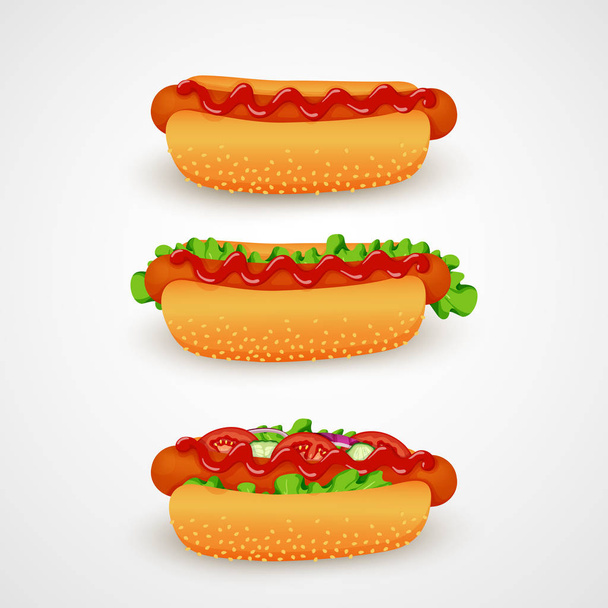 Ilustración vectorial. Iconos de comida rápida. Hot dogs con diferentes ingredientes: cebolla, pepino y rodajas de tomate, lechuga, ketchup y bollo con semillas de sésamo aisladas sobre un fondo blanco
. - Vector, imagen