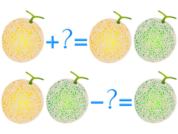 Action relationship of addition and subtraction, examples with cantaloupe melon. Educational games for children. - Vector, Image