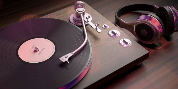 音楽、サウンド。ヘッドフォンと木製の背景、詳細クローズ アップ ビューのビニール Lp レコード プレーヤー。3 d イラストレーション - 写真・画像