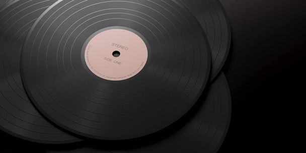 Vintage vinyl records albums LP on black background, copy space. 3d illustration - Photo, Image