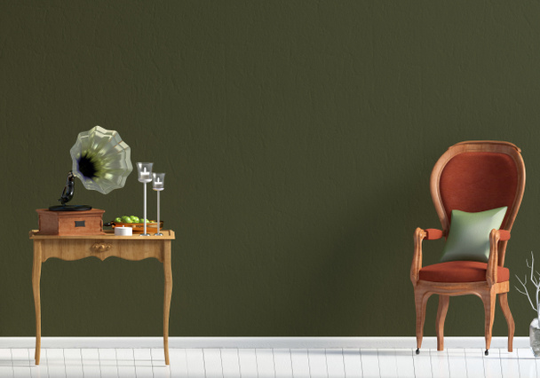 テーブルと椅子のあるクラシックな内装。壁を模擬。3 d イラストレーション. - 写真・画像
