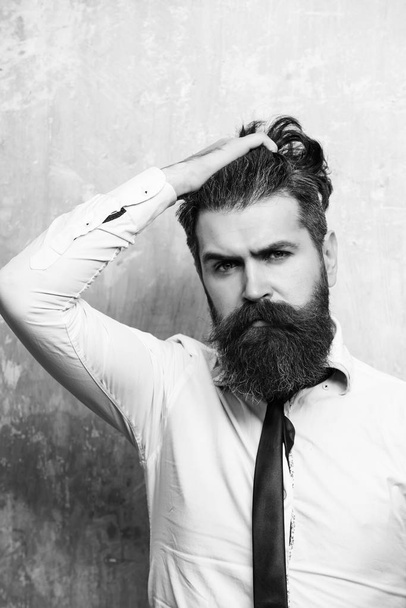bearded man or hipster with long beard on serious face - Fotoğraf, Görsel