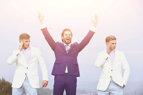 happy man and twins guys on blue sky, agile business - Фото, зображення