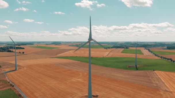 Rüzgar türbinleri ve rüzgar gernerators hareket hava görünümünü ile buğday bitkileri ile büyük açık havada içinde bir yaz gününde - Video, Çekim