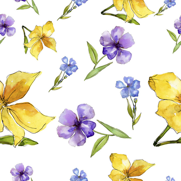 Watercolor blue and yellow flax flowers. Floral botanical flower. Seamless background pattern. Fabric wallpaper print texture. Aquarelle wildflower for background, texture, frame or border. - Valokuva, kuva