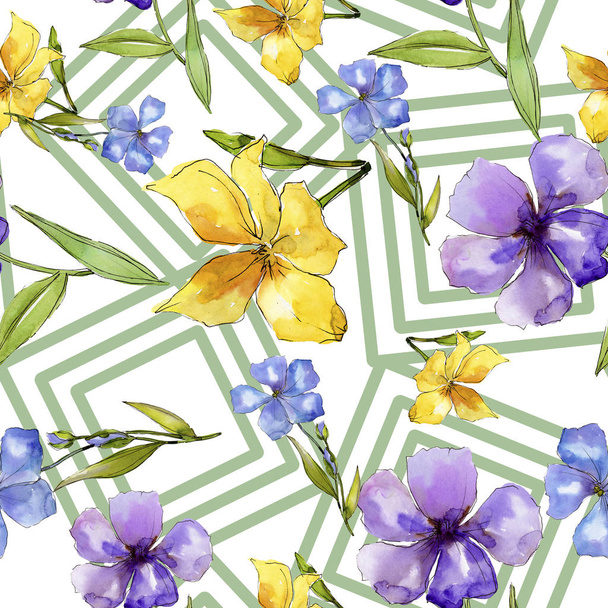 Watercolor blue and yellow flax flowers. Floral botanical flower. Seamless background pattern. Fabric wallpaper print texture. Aquarelle wildflower for background, texture, frame or border. - Фото, зображення