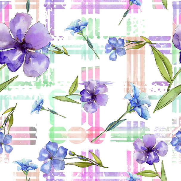 Watercolor blue and yellow flax flowers. Floral botanical flower. Seamless background pattern. Fabric wallpaper print texture. Aquarelle wildflower for background, texture, frame or border. - Zdjęcie, obraz