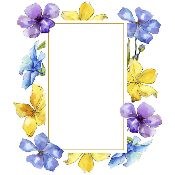 Watercolor colorful flax flowers. Floral botanical flower. Frame border ornament square. Aquarelle wildflower for background, texture, wrapper pattern, frame or border. - Fotó, kép