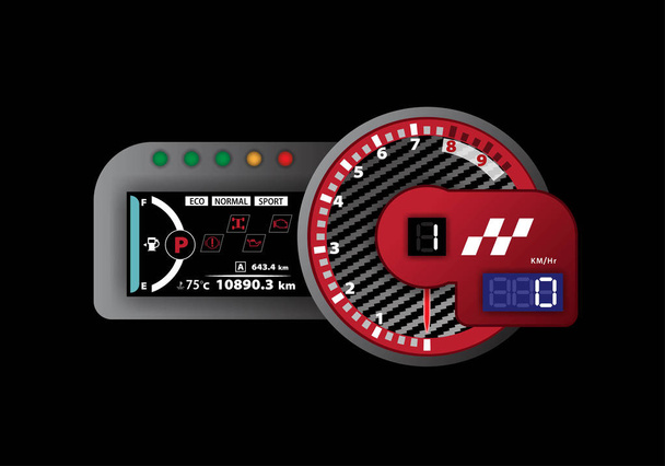 レースのタコメーターとスピード メーター液晶表示デジタル バックライト黒一色の背景、ベクトル イラストレーション、デザイン、eps10 に分離.  - ベクター画像