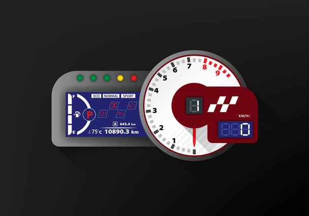 Compteur de course et compteur de vitesse avec rétroéclairage numérique à écran LCD isolé sur un fond de couleur noire, illustration vectorielle, eps10
.  - Vecteur, image
