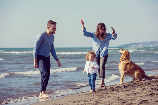 happy young family with kids having fun with a dog and  kite at beach during autumn day filter - Фото, изображение