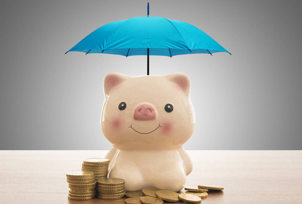 Protección de depósitos y concepto de depósito de seguro, alcancía rosa está protegida por un paraguas azul
. - Foto, imagen