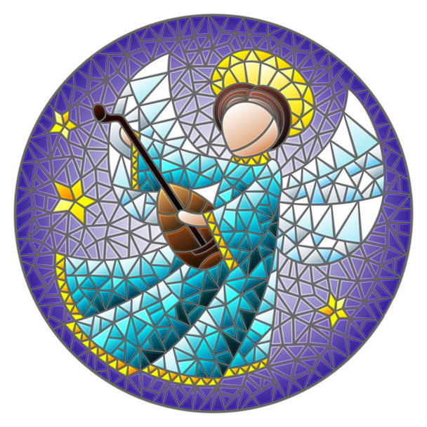 Ilustrace v vitráže stylu s andělem abstraktní v modrém šatu hrát loutna, kulatý obrázek - Vektor, obrázek