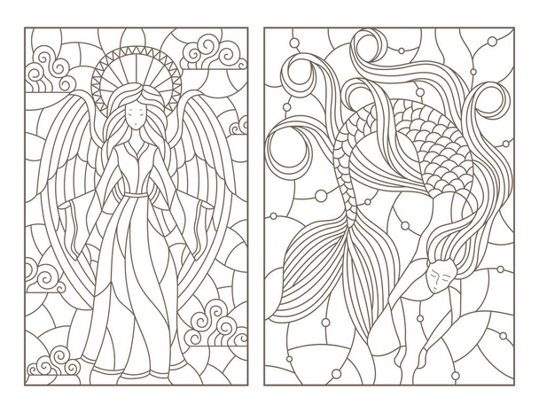 Set di illustrazioni di contorno di vetrate con un angelo ragazza e una sirena, contorni scuri su uno sfondo bianco
 - Vettoriali, immagini