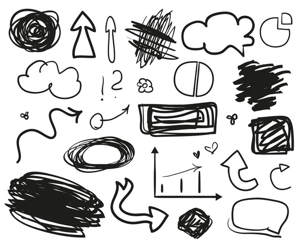 Infographic elements on isolation background. Set of different indicator signs. Tangled backdrops. Dirty artistic design objects. Doodles for work. Line art. Abstract circles, arrows and rectangles - Vector, Image