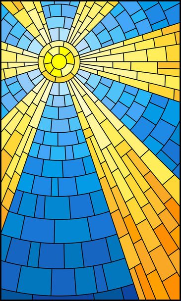 Ілюстрація у вітражному стилі з абстрактним небесним пейзажем, сонце з променями на фоні неба
 - Вектор, зображення