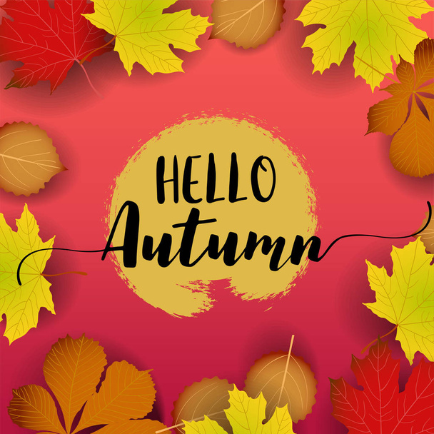 Hello Autumn banner. paper colorful tree leaf maple, rowan leaves on wood texture background. - Vektor, Bild