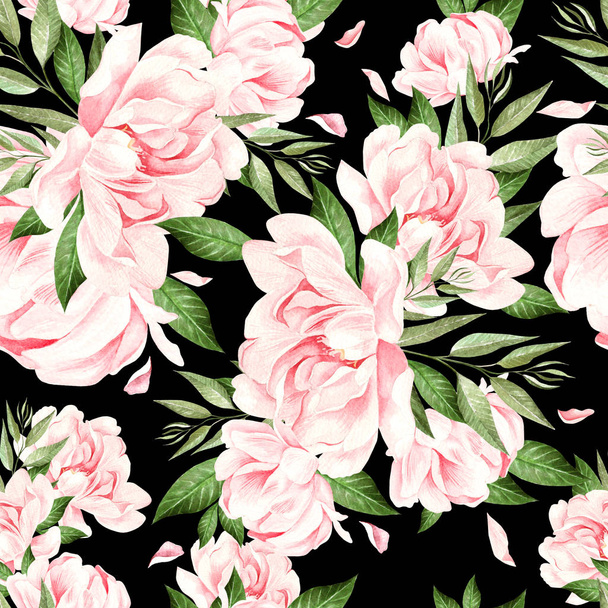 Hermoso patrón de acuarela con peonía rosa y eucalipto
.  - Foto, Imagen