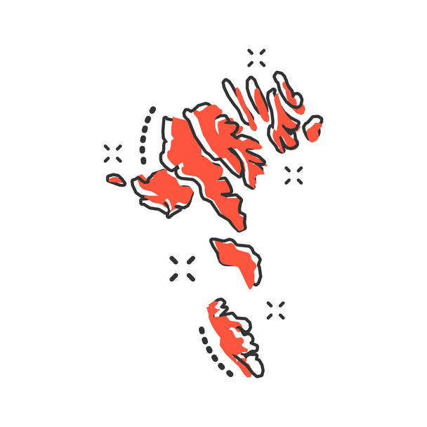 Vector de dibujos animados Islas Feroe mapa icono en estilo cómico. Islas Feroe signo ilustración pictograma. Cartografía mapa negocio splash efecto concepto
. - Vector, Imagen