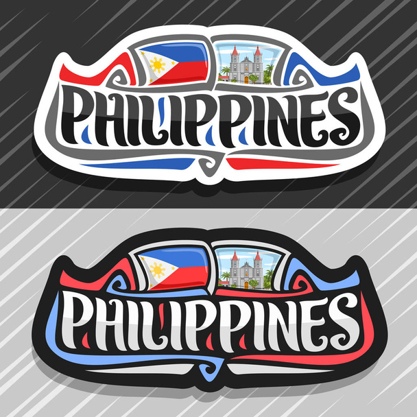 フィリピン国、フィリピンの状態フラグは、単語フィリピンの国フィリピンのシンボル - 曇り空を背景にイロイロでモロ教会オリジナルの筆書体とマグネットのベクトルのロゴ. - ベクター画像